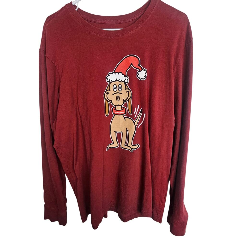 Life Is Good Mens Christmas Dog Print Crusher Tee Size L Holiday Cotton Stretch
